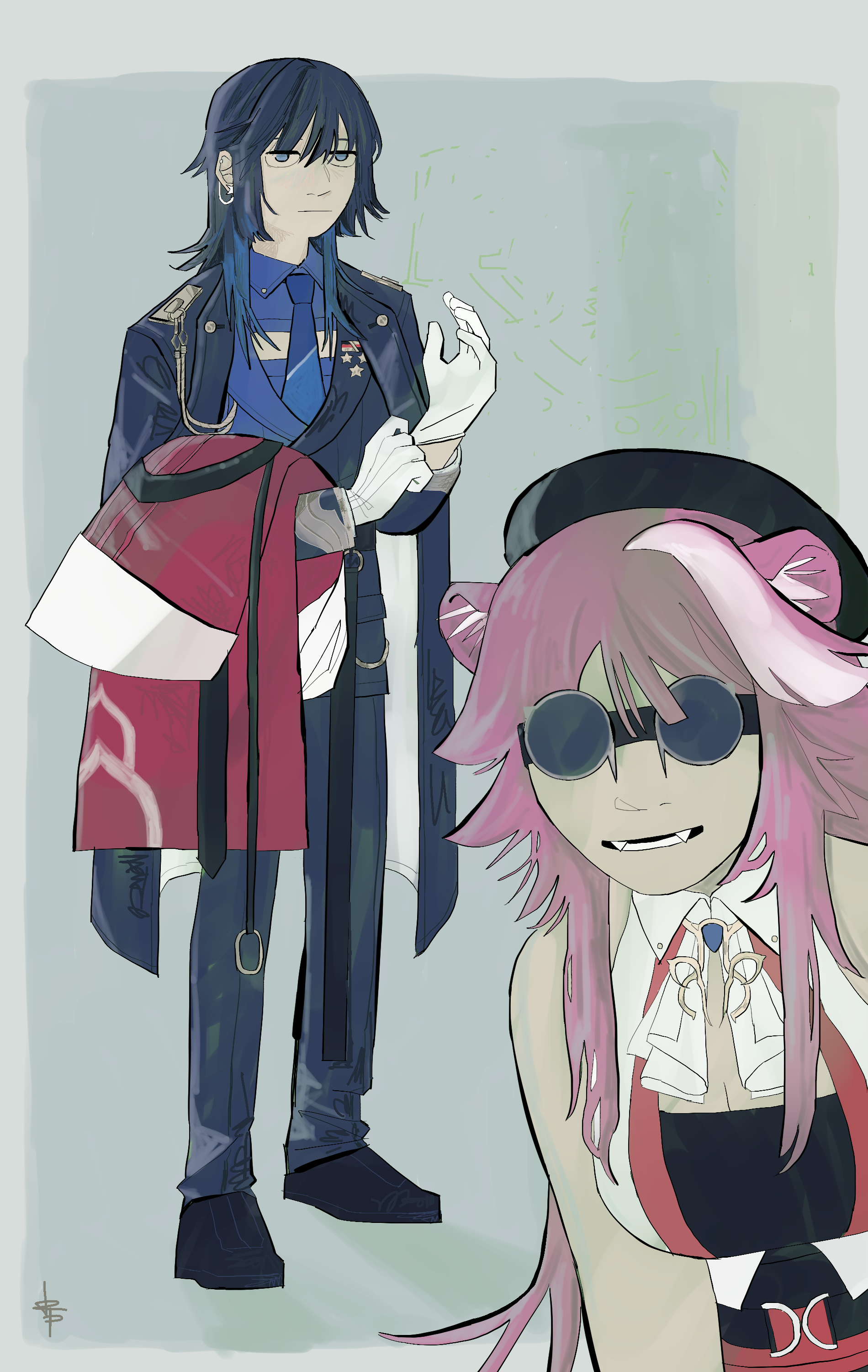 fanart of vtubers kronii and raora. raora is in the foreground leaning forwards and kronii is 
	  standind behind her. she is holding raora's jacket over her arm while adjusting her gloves.